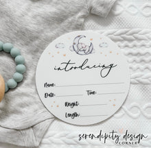 Load image into Gallery viewer, Sleeping Elephant Baby Birth Details Announcement Plaque | Clouds Birth Announcement