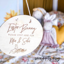 Load image into Gallery viewer, Personalised Easter Bunny Please Stop Here Sign Wood