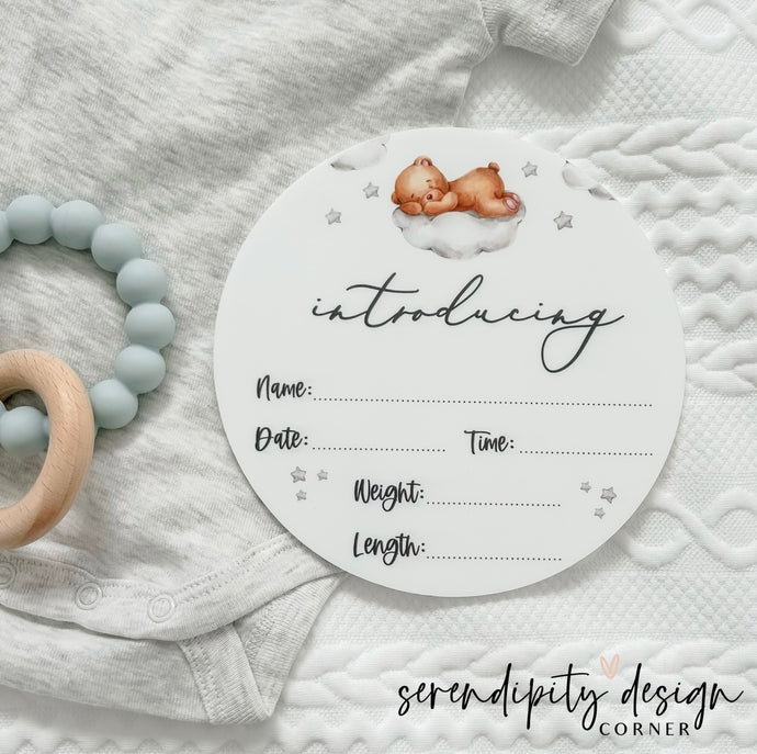 Teddy Bear Baby Birth Details Announcement Plaque | Clouds Birth Announcement