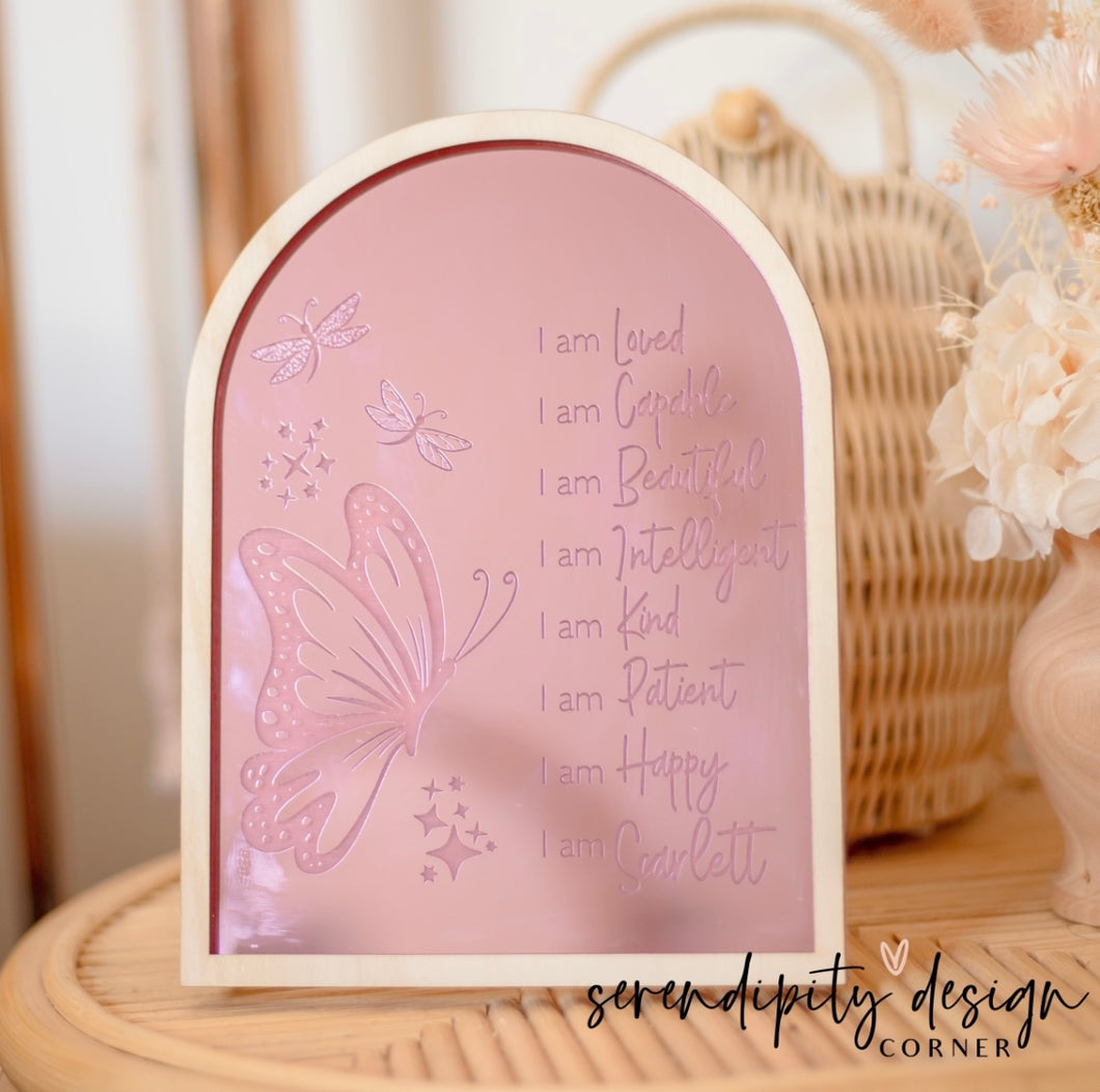 Daily Affirmations Mirrored Frame | Kids Daily Affirmations Butterflies Decor ©
