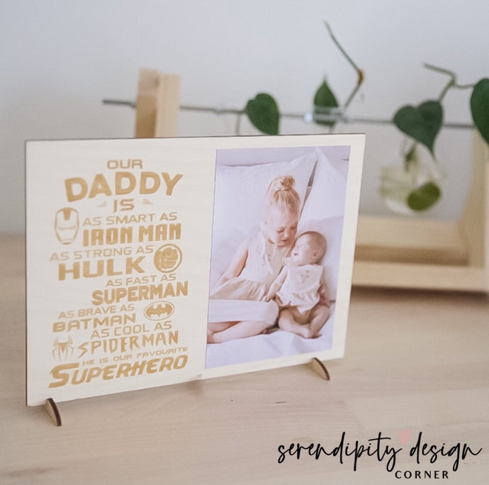 Personalised Father's Day Superhero Photograph Wooden Sign | Laser Cut Father's Day Frame