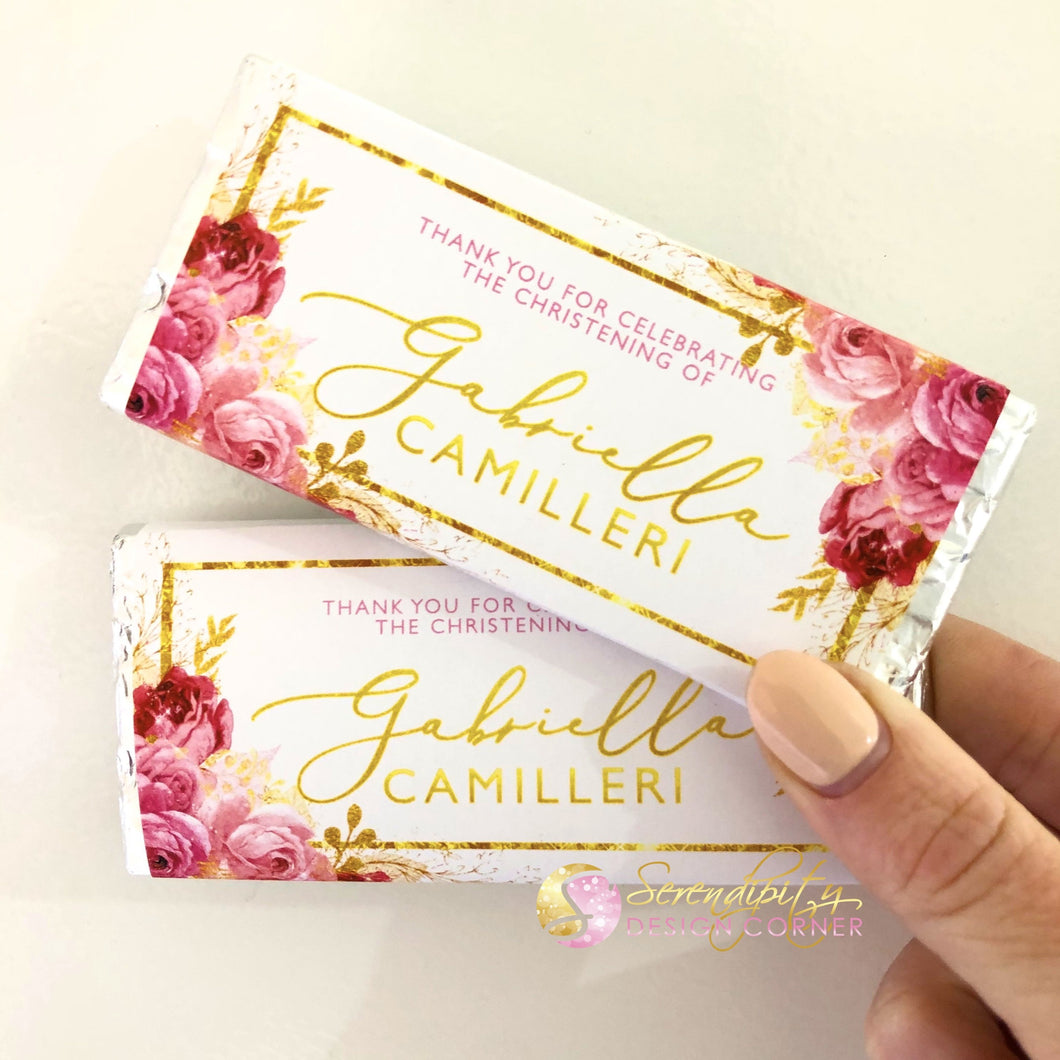 Floral Pink & Gold Christening Chocolate Wrapper